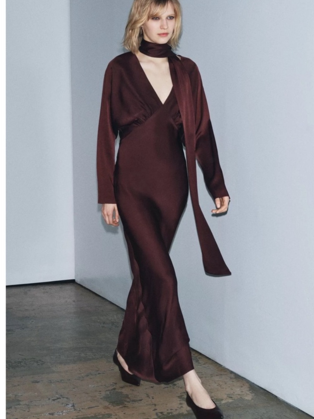 Zara Satin Deep Burgundy Long Sleeve V-Neck Maxi Dress